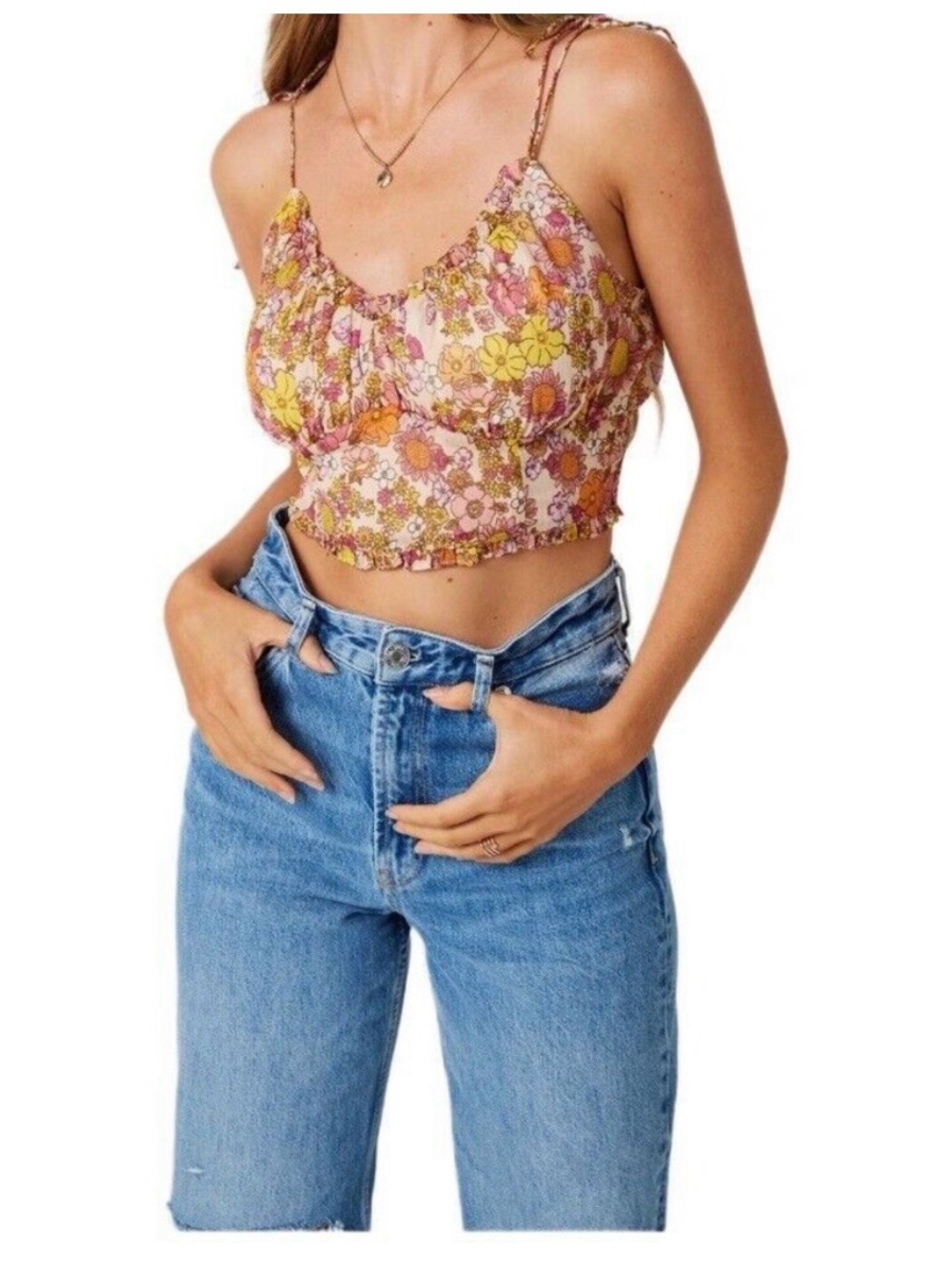Patrons of Peace Pink & Yellow Floral Ruffle Smocked Cami size Small